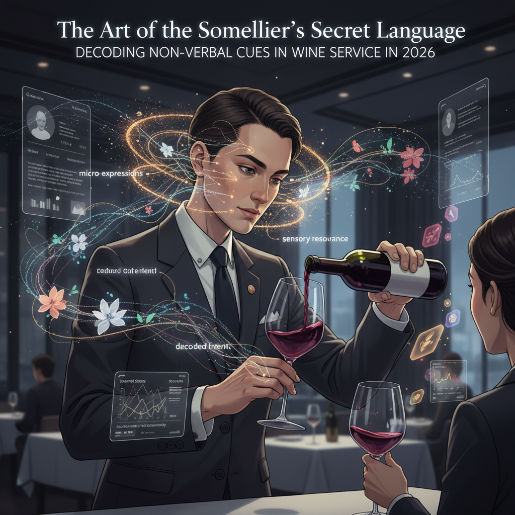 A sommelier expertly decanting red wine for a guest in a sophisticated restaurant setting in 2026, demonstrating refined sommelier non-verbal communication through poised posture, gentle hand movements, and attentive gaze, conveying professionalism and expertise in wine service.