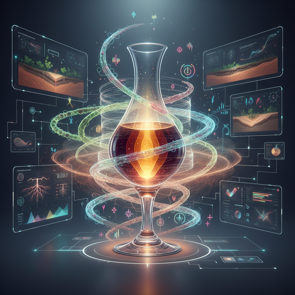 A close-up of rich, dark soil being carefully examined under a microscope, symbolizing advanced soil science in 2026 winemaking. The image conveys the meticulous cultivation of 'signature soil' to create unique terroir for premium wines.