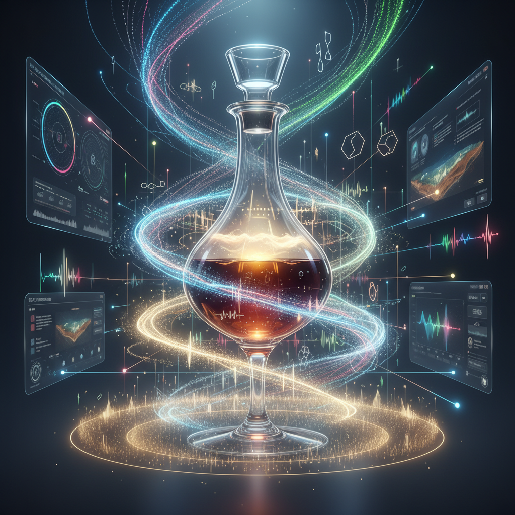 Abstract visualization of sonic waves interacting with wine, representing the 'Vinous Echo-Location' concept for mapping unseen sonic terroir, against a backdrop of a vineyard in 2026. Focuses on the intersection of sound, technology, and viticulture.