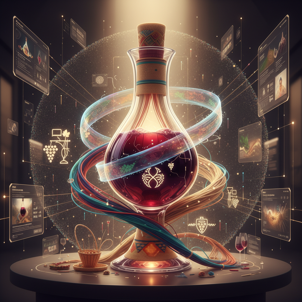 A visually rich tapestry, intricately woven with traditional indigenous patterns and motifs, intertwined with grapevines, wine barrels, and delicate wine glasses. This image beautifully symbolizes the fusion of ancient indigenous crafts and modern wine culture in innovative collaborations occurring in 2026, highlighting the 'indigenous wine collaborations' keyword with cultural depth.
