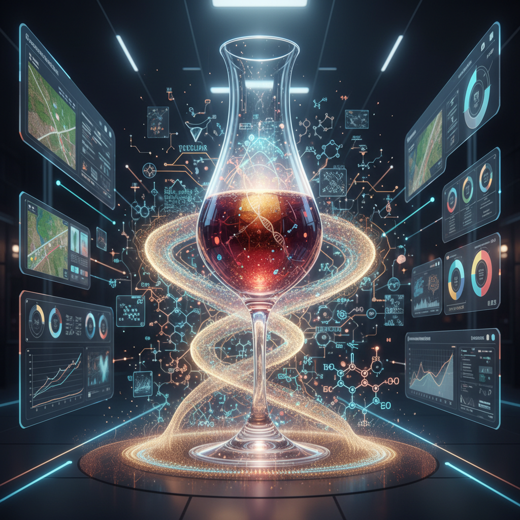 Detailed blueprint showcasing the scientific models and algorithms used in predictive wine science to forecast wine character and quality in 2026, highlighting data analysis and viticultural insights.