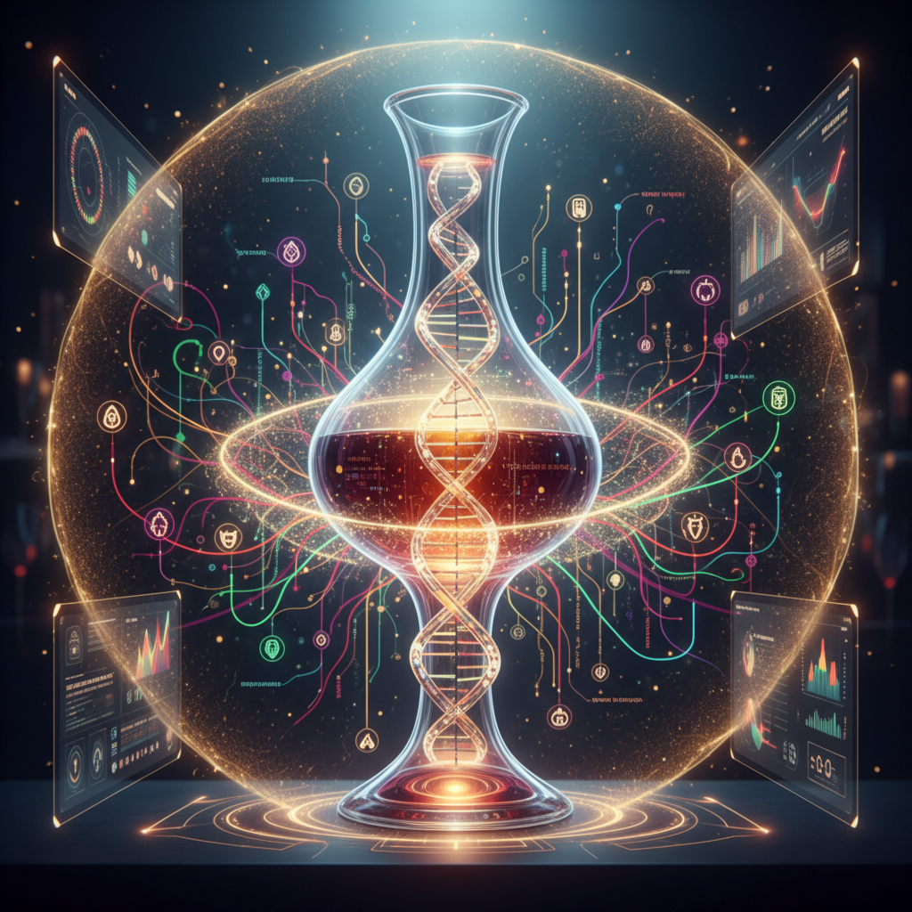 Detailed illustration of 'The Art of the Vinous Palate Print' for 2026, showcasing a person understanding their unique wine genetic palate through DNA helixes and wine flavor wheels, blending science with sensory appreciation.