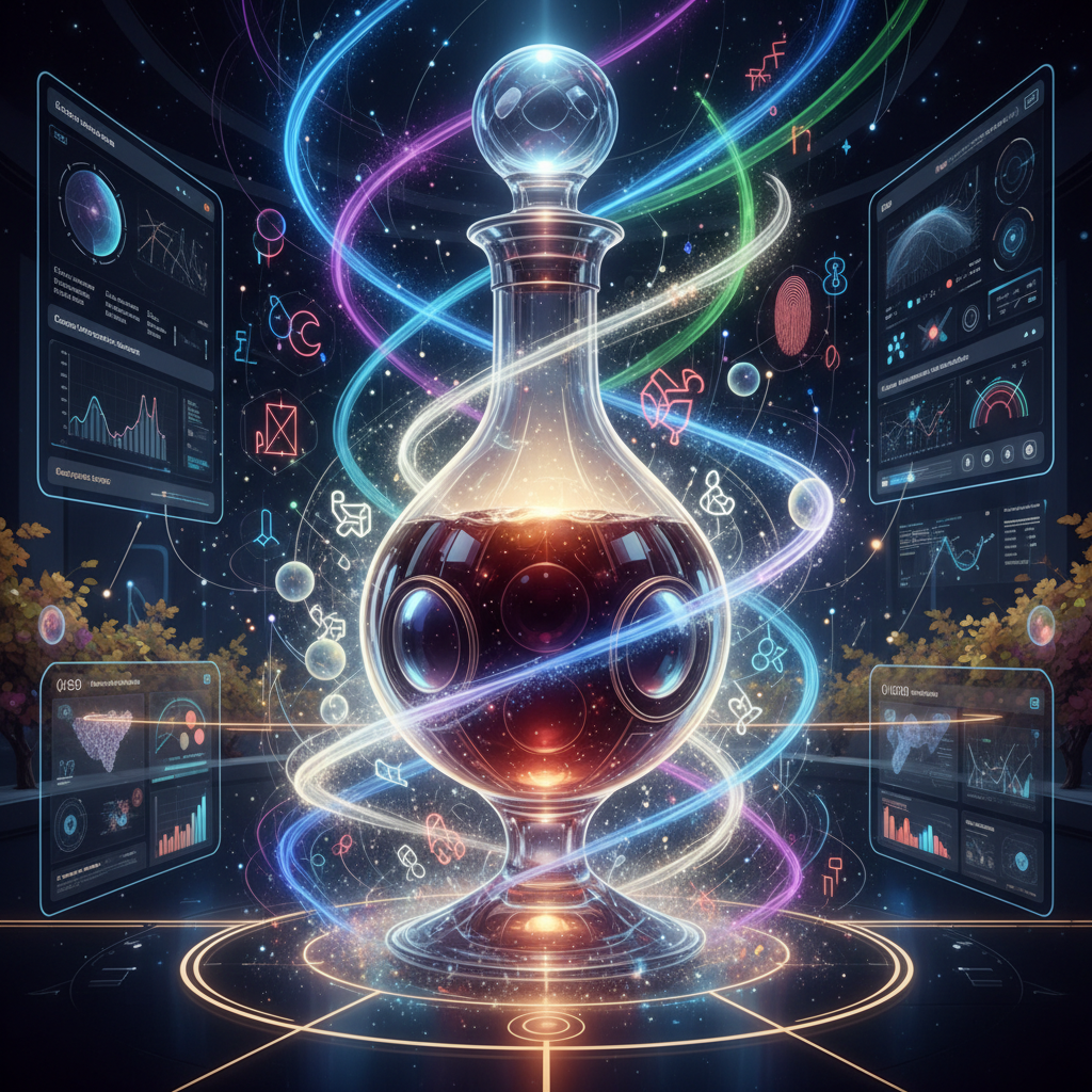 A mesmerizing abstract artwork depicting a 'Vinous Nebula' with swirling cosmic colors, representing the intricate and mysterious cosmic influences on vineyard terroir in 2026. The imagery evokes a sense of both the vastness of space and the delicate nuances of winemaking.