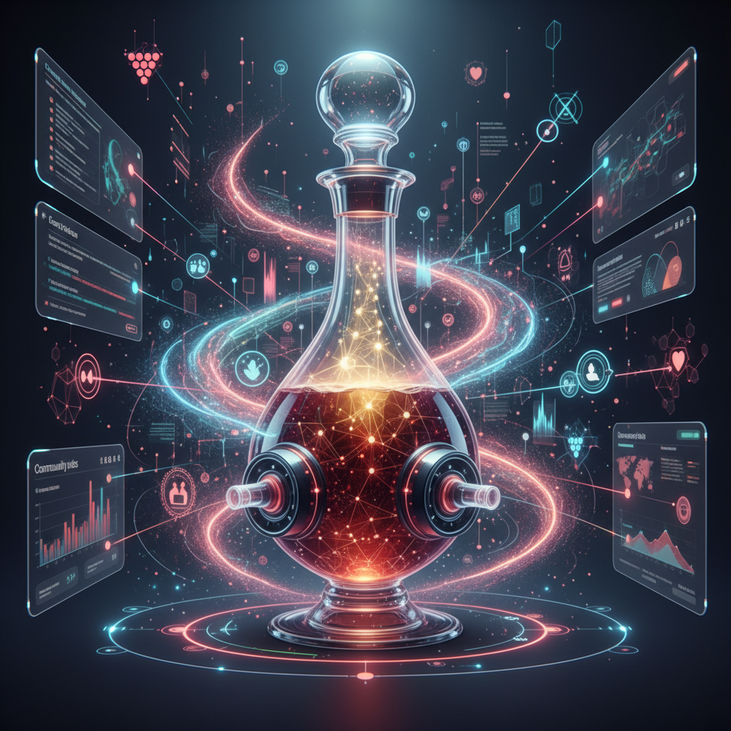 Visual representation of how online wine communities amplify influence and shape opinions in 2026, showcasing interconnected users and information flow within a 'vinous echo-chamber' with sophisticated digital designs.