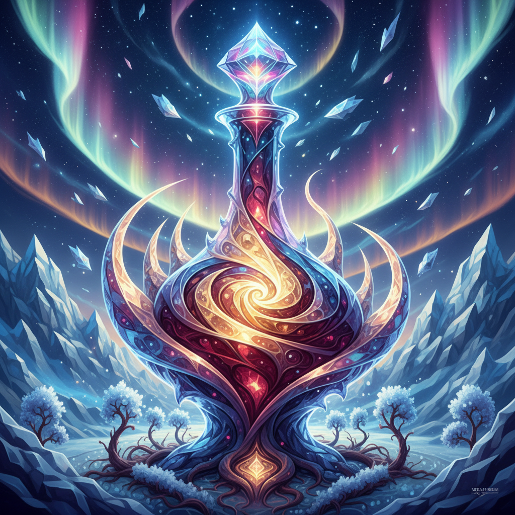 Stunning image showcasing a vineyard under the aurora borealis, with snow-capped mountains in the background, illustrating the challenging yet rewarding polar and high-altitude terroirs used for 2026's extreme wine production. Focuses on polar wine production.