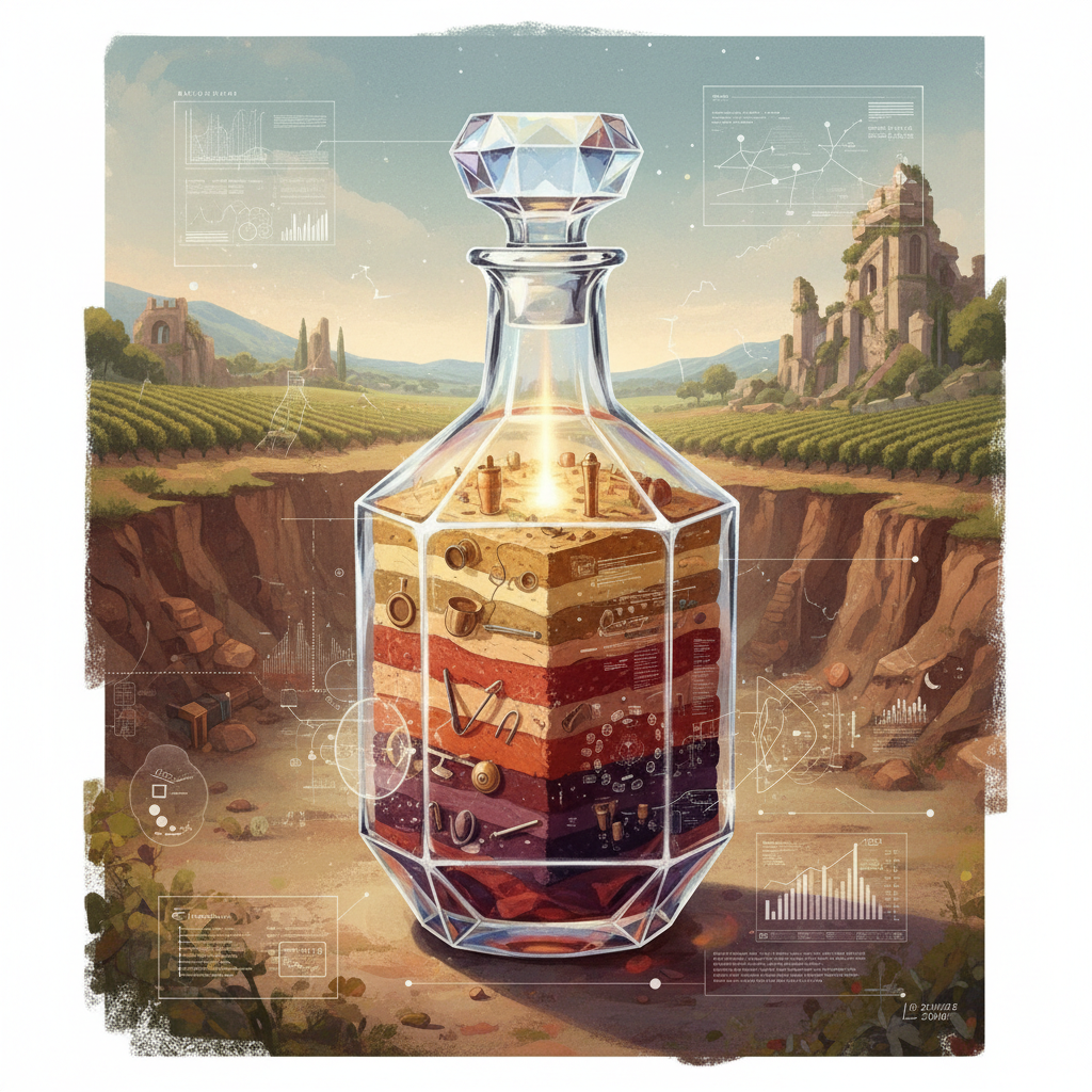 A 'Vinous Archaeologist' meticulously examines ancient pottery shards and grapevines, symbolizing the unearthing and reinterpretation of ancient wine production techniques for application in 2026, combining historical methods with modern viticulture research.