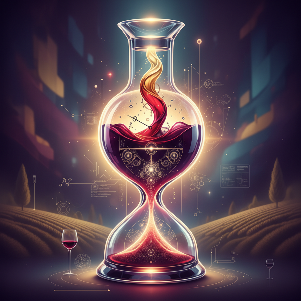 A sophisticated wine cellar with rows of aging bottles, bathed in soft light, symbolizing the 'Vinous Timepiece' concept. A sommelier's hand gently rotates a bottle, emphasizing the science of determining wine's optimal drinking window in 2026, against a backdrop of detailed tasting notes and vintage charts.