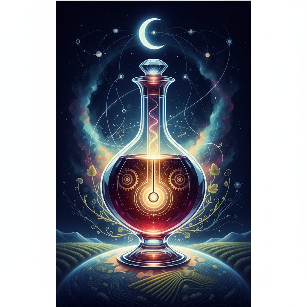 A visually striking image depicting a vineyard at dusk in 2026, with an illuminated full moon perfectly aligned above rows of meticulously tended grapevines. The scene subtly incorporates elements of a biodynamic calendar or a pendulum swinging over a vine, symbolizing the 'vinous metronome' and the precise synchronization of lunar cycles with vineyard rhythms for optimal 'lunar viticulture' outcomes and enhanced grape quality. The image emphasizes the art and science behind biodynamic winemaking practices.