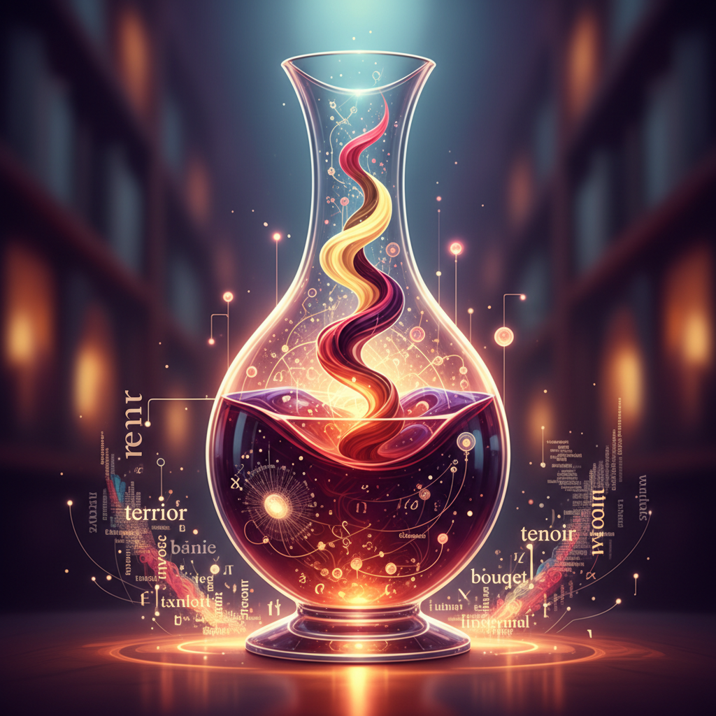 A sophisticated abstract illustration representing the 'vinous lexicon' in 2026, featuring intertwined grapevines forming elegant script, subtle wine glass silhouettes, and warm, rich colors. The image conveys the intricate and evolving language used to describe wine today, blending tradition with modern tasting notes and sensory descriptors.