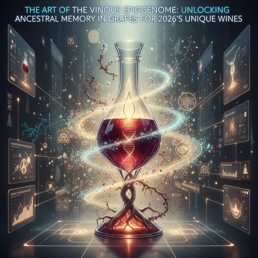 Microscopic view of grape DNA strands intertwining, illustrating the concept of wine epigenetics and how ancestral memory in grapes influences the unique wines of 2026. The image emphasizes the intricate art and science of unlocking genetic potential for exceptional vintages, with a focus on sustainable vineyard practices and innovative winemaking.