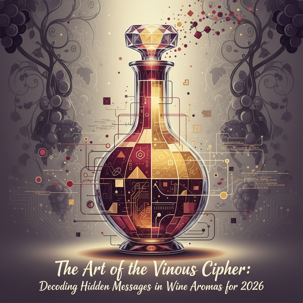 Close-up of a sommelier expertly swirling a glass of red wine, their expression focused intently on the swirling liquid. Delicate aroma molecules are visually represented as a swirling, complex pattern emanating from the glass, symbolizing the 'vinous cipher.' A subtle glow from beneath the glass highlights the nuanced colors of the wine. In the background, a soft-focus vineyard scene under a warm, late afternoon sun suggests the origin of the aromas. The image evokes the intricate art of wine aroma decoding in 2026.