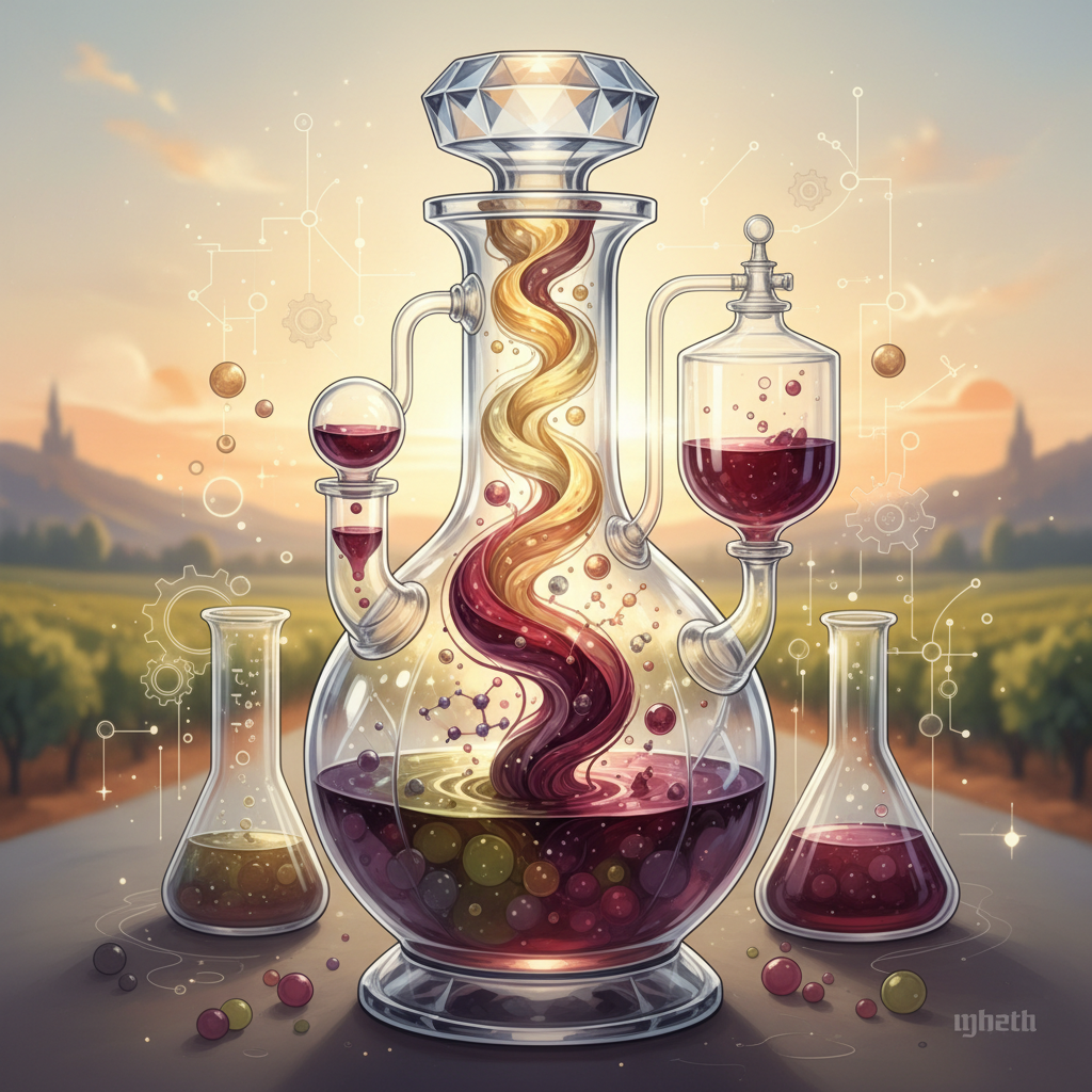 A skilled winemaker, a vinous alchemist, inspects a glass of red wine, transforming less-than-ideal 'problem' grapes into a premium, unexpected treasure of 2026. Focuses on innovation and quality.