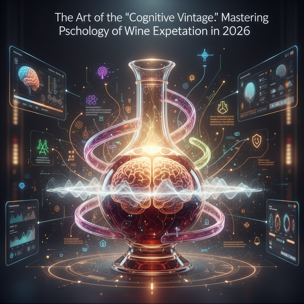 A sophisticated illustration depicting a brain, a wine glass, and subtle vintage elements, symbolizing the intricate wine perception psychology in 2026. The art emphasizes the 'Cognitive Vintage' concept, exploring how psychological expectations influence wine enjoyment.