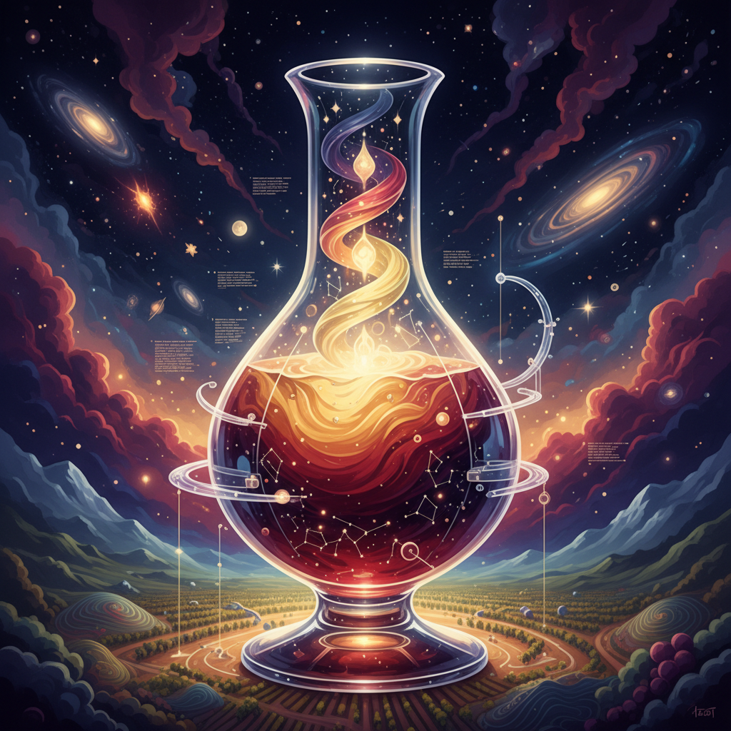 A celestial vineyard in 2026 showing grapes under a vibrant nebula, illustrating the cosmic influences on terroir and wine flavor, capturing the essence of 'vinous nebula' research.