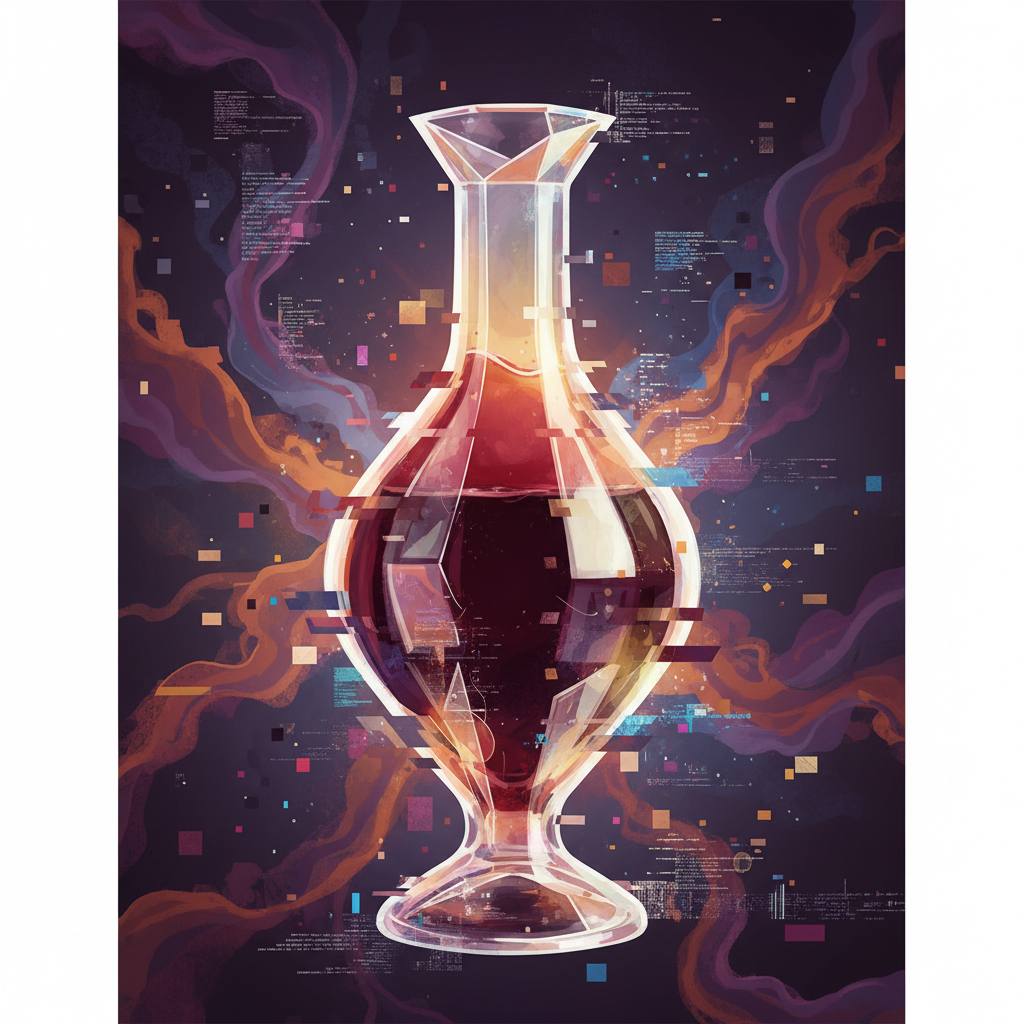 Abstract image capturing the 'vinous glitch' aesthetic, with intentional imperfections like blurred lines and fractured imagery, symbolizing the anti-perfectionism trend in 2026 wine culture, focusing on unique character over flawless presentation.