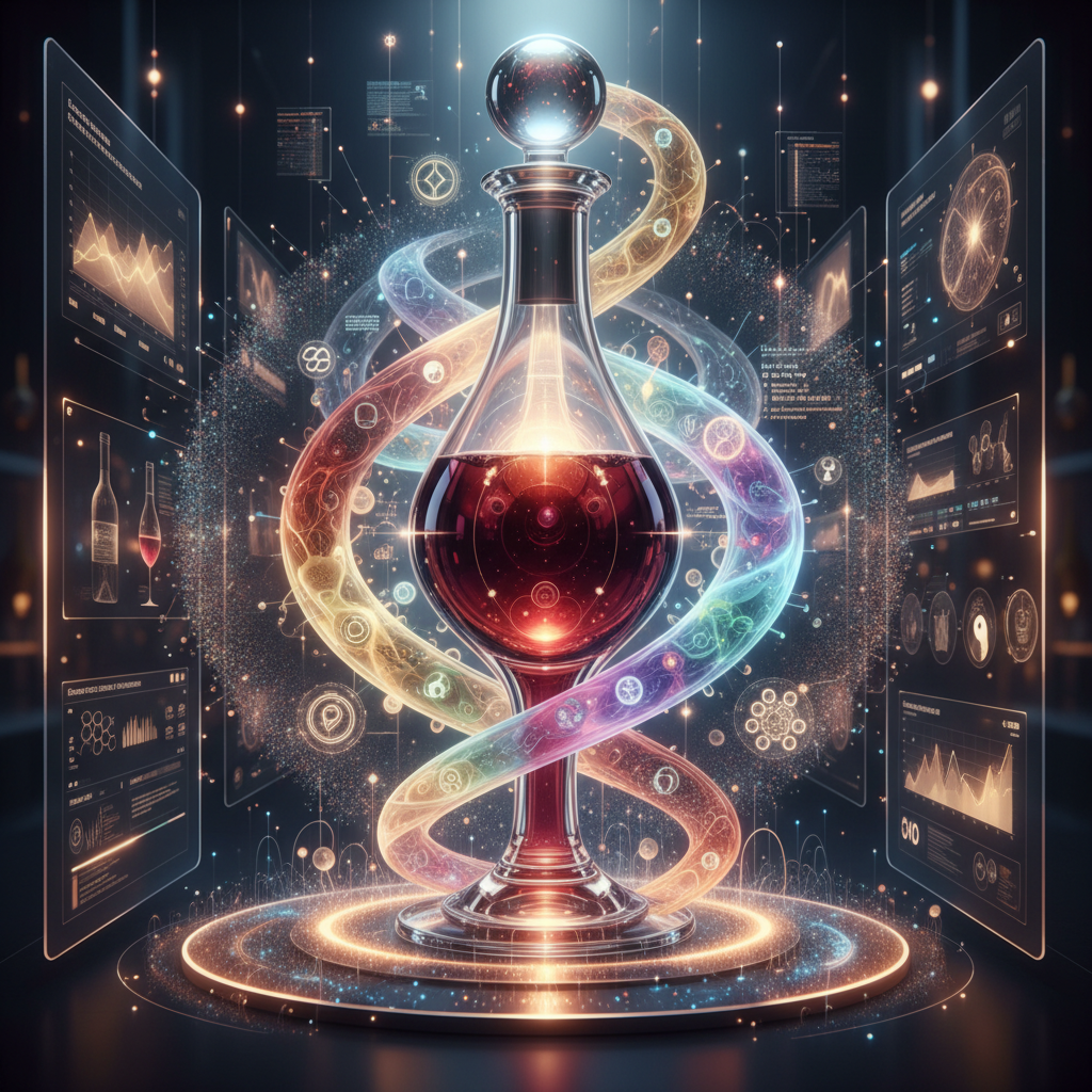 A discerning wine philosopher contemplatively swirling a glass of 2026 vintage red, surrounded by elements symbolizing the existential journey from vine to spirit, focusing on wine philosophy in 2026.