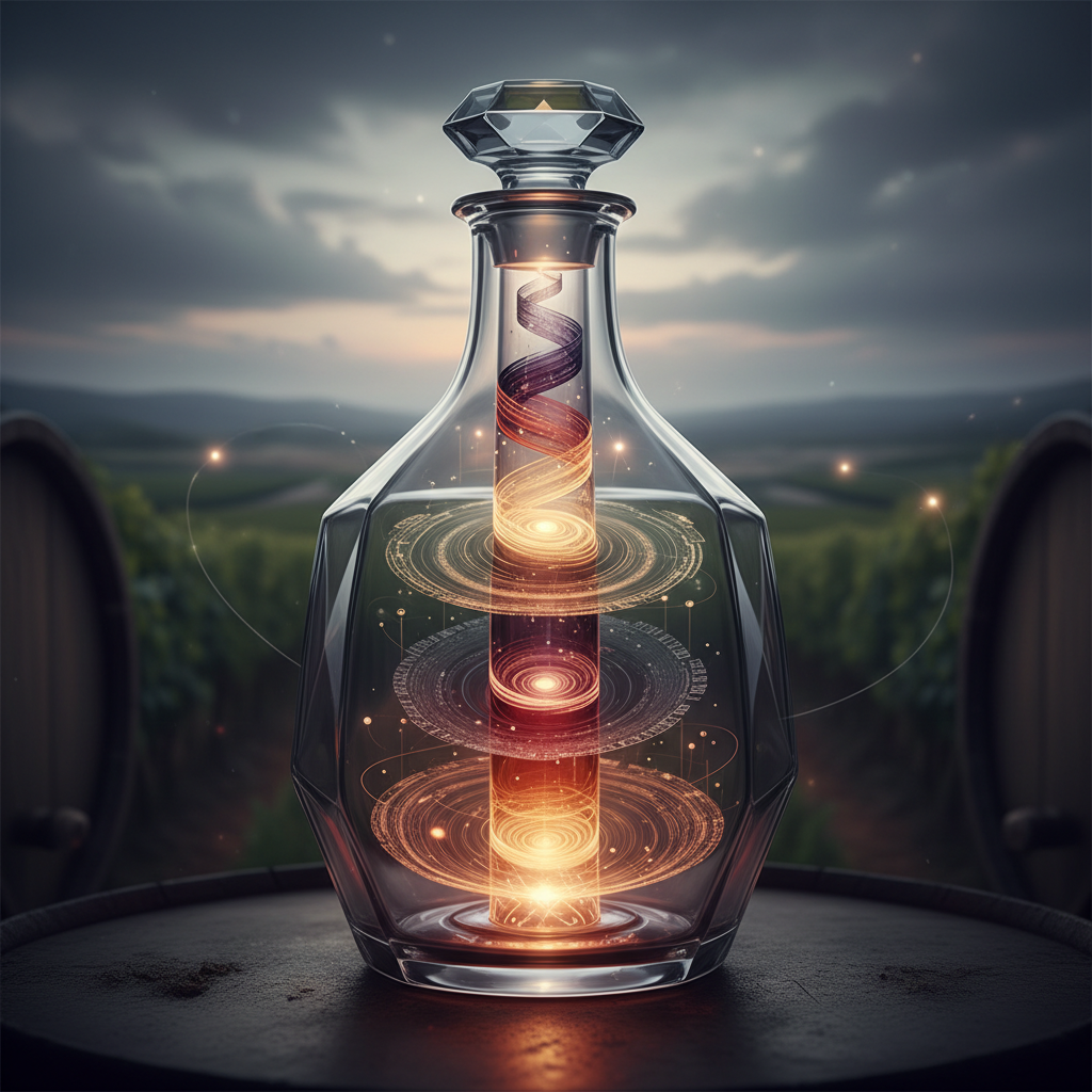 A hand holding a glass of deep red old vine wine, symbolizing the enduring influence of historic climate shifts on its character, set against a backdrop of aging vineyards under a changing sky, reflecting 2026's harvest and the 'vinous echo' concept. Focuses on historic climate impact wine.