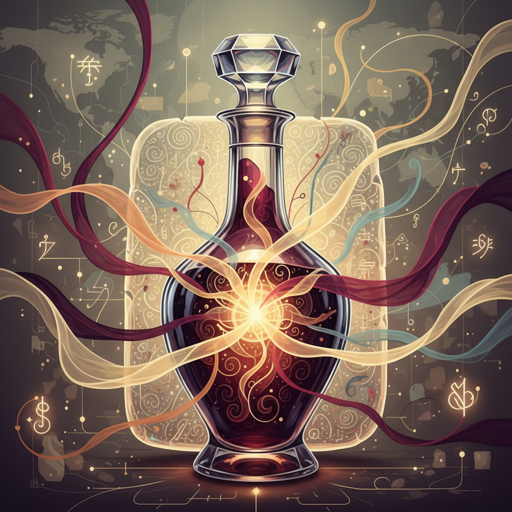 Visual metaphor of a Rosetta Stone with wine motifs, symbolizing cross-cultural wine communication and sensory interpretation in 2026, featuring diverse individuals discussing wine nuances, crucial for global marketing and appreciation.