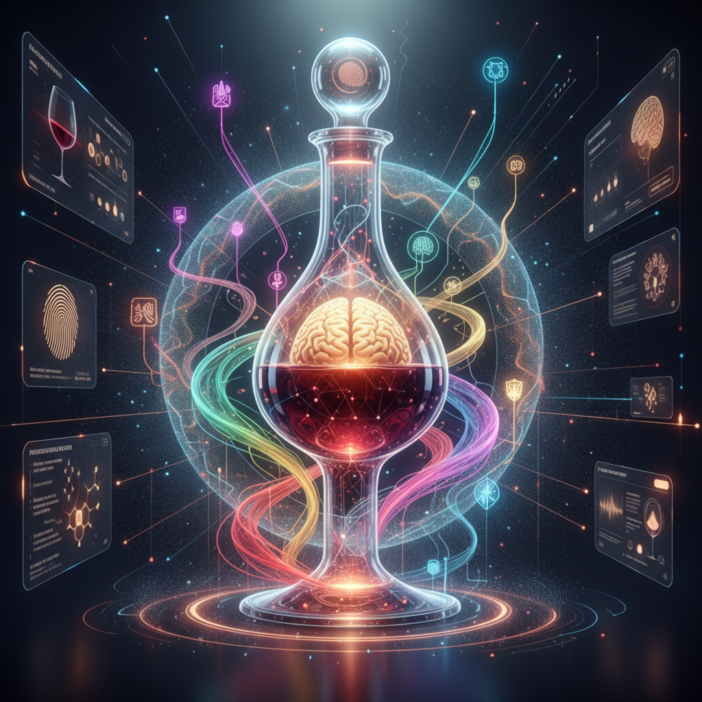 AI-powered sommelier interface on a tablet, showcasing personalized wine recommendations based on neuro-sommelier insights and user preferences in 2026, revolutionizing wine selection.