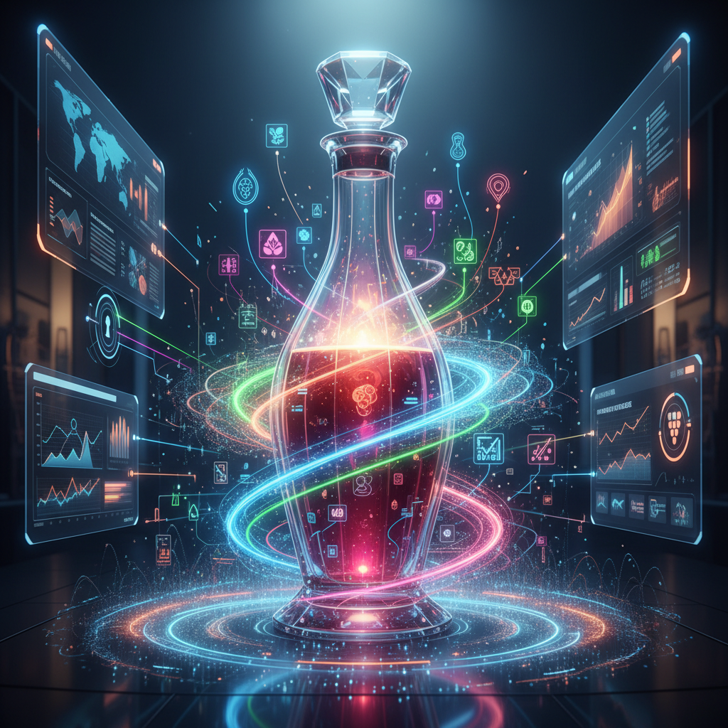 A discerning sommelier, acting as a 'Vinous Oracle,' swirling a glass of wine, with ethereal charts and trend lines in the background, symbolizing wine trend prediction 2026 and anticipation of future consumer palates.