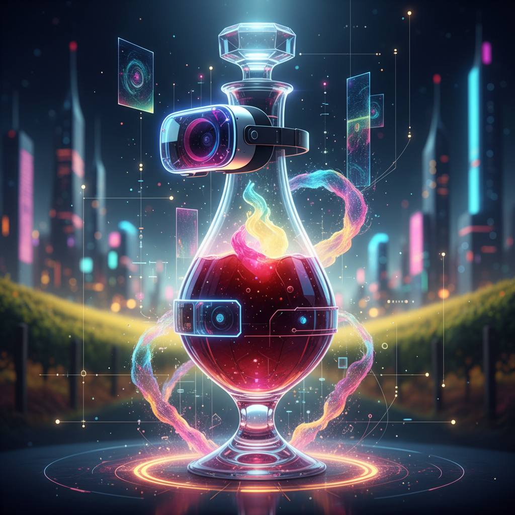 Illustration depicting the 'vinous metaverse' in 2026, showcasing a fusion of a real-world vineyard and a digital, virtual reality wine tasting experience, bridging physical and virtual wine realms.
