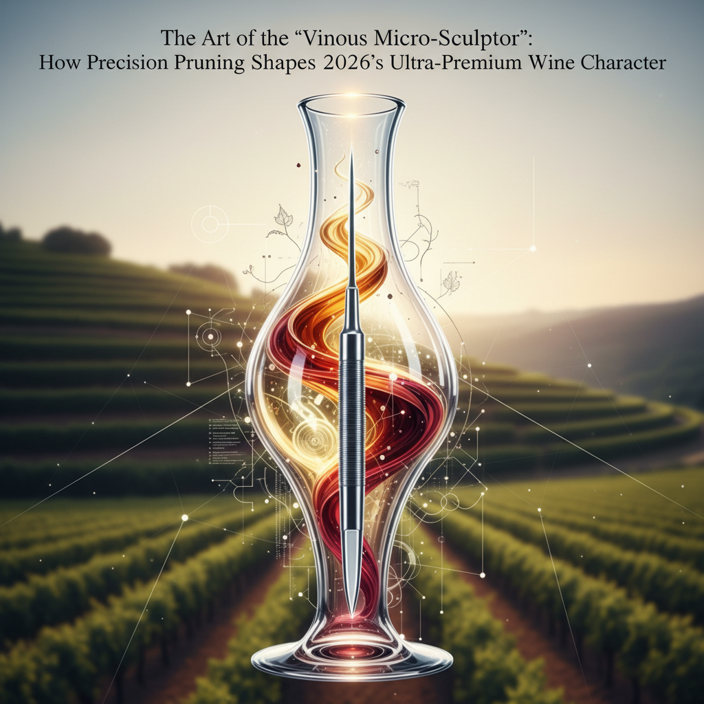 Close-up on a skilled viticulturist meticulously pruning a grapevine, demonstrating precision viticulture to sculpt optimal grape character for 2026's ultra-premium wine. Sunlight illuminates the intricate cuts on the dormant cane, highlighting the art and science behind 'vinous micro-sculpting'.