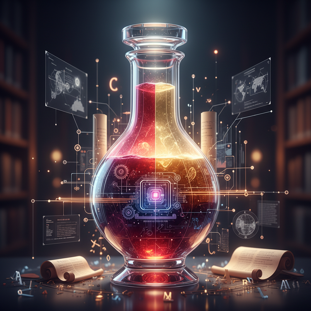 Detailed image showing old book pages, a magnifying glass, and a wine glass, symbolizing the deep research into the 'vinous philology' focusing on the evolution of wine language in 2026.