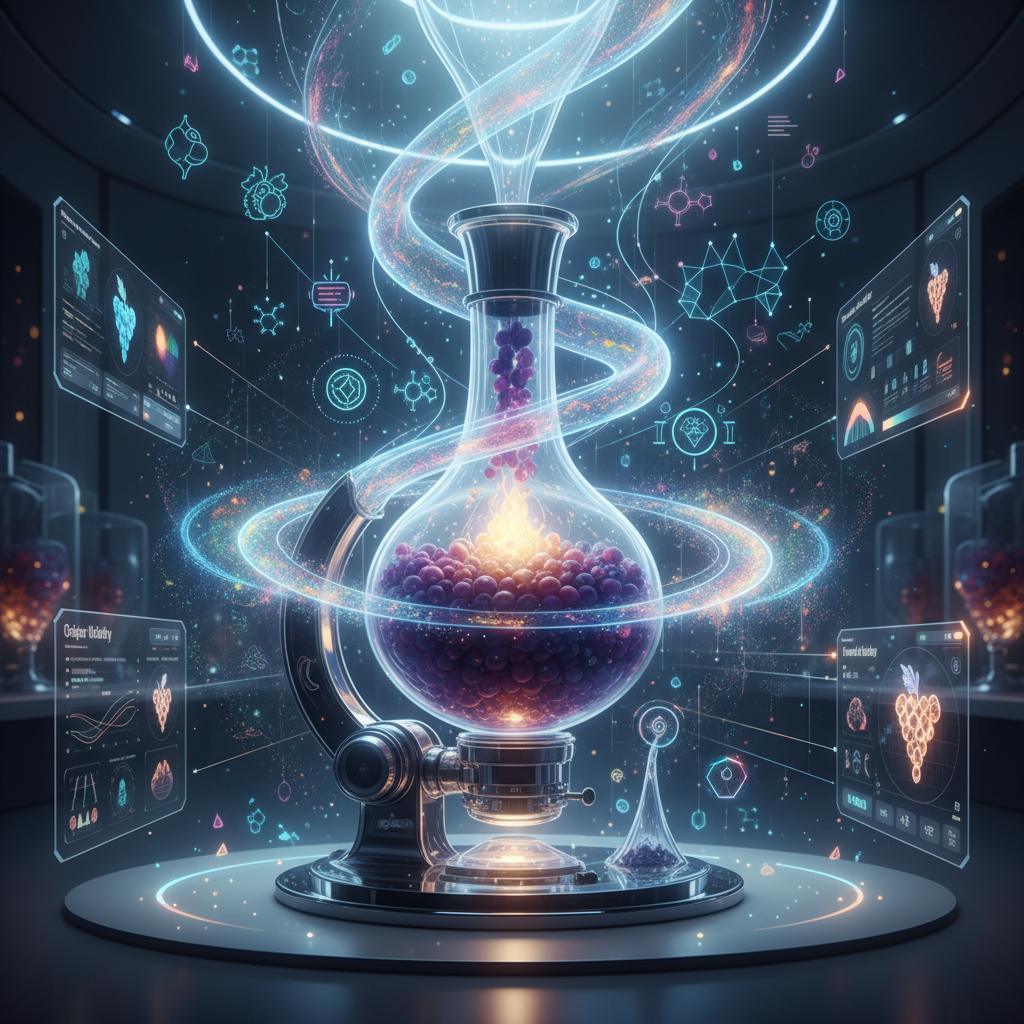 Microscopic view of pre-fermentation grape cells, illustrating the intricate 'vinous biopsy' process to analyze phenolic compounds and yeast populations for 2026 wine vintage quality assessment.