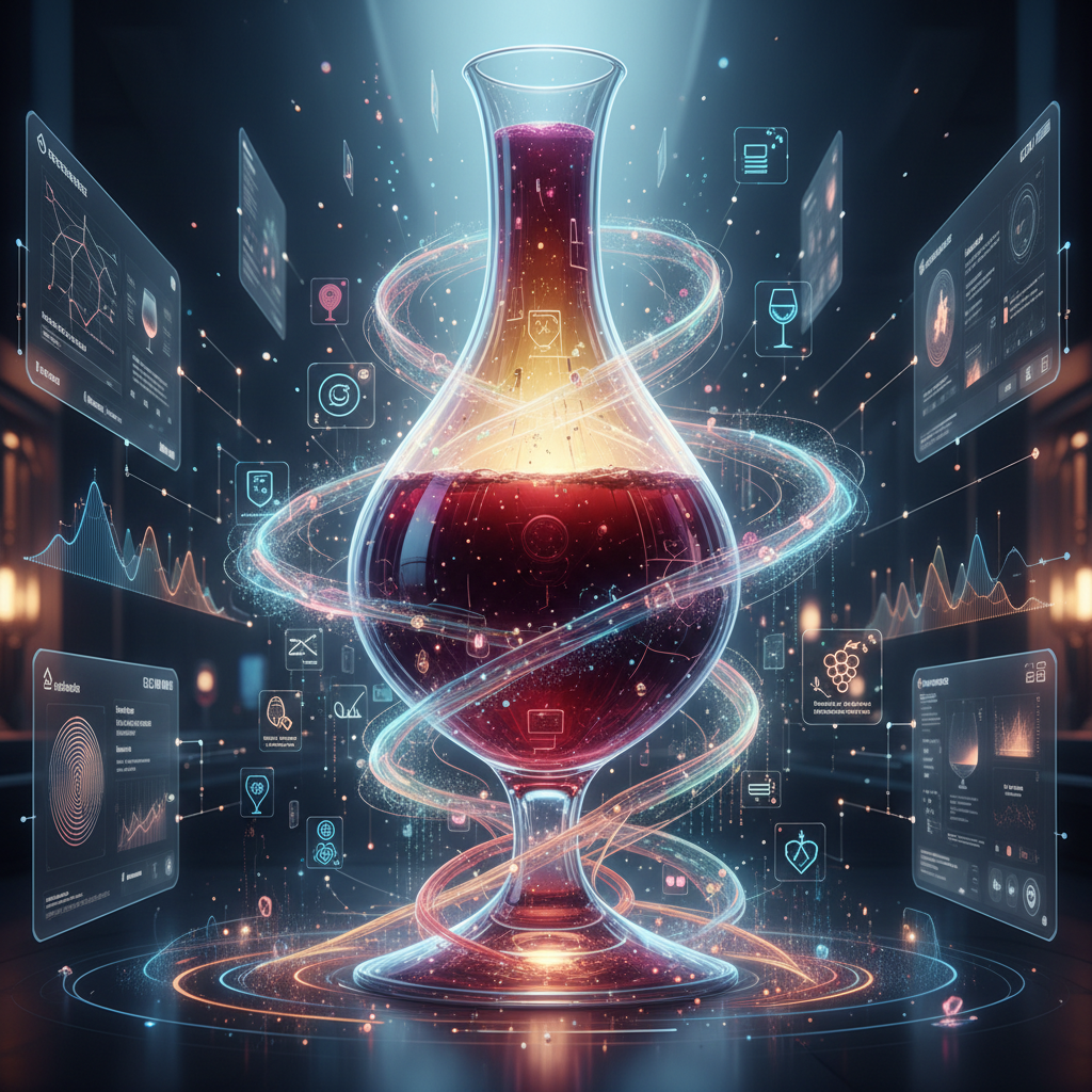 A sophisticated AI data visualization, blending abstract wine imagery with glowing digital graphs and algorithms, illustrating the 'Vinous Data Whisperer's' role in personalized AI wine discovery for 2026, using advanced machine learning to curate unique wine recommendations.