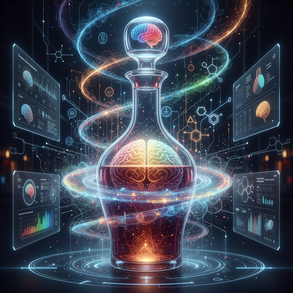 Visualizing how 'cognitive terroir' shapes wine perception in 2026, showing brain activity influencing taste, aroma, and mouthfeel, with abstract representations of vineyards and neuroscience.