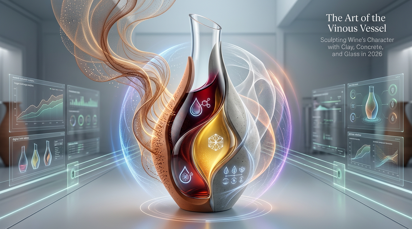 Alternative wine vessels like clay amphorae, concrete eggs, and glass carafes, influencing wine character and modern trends in 2026.