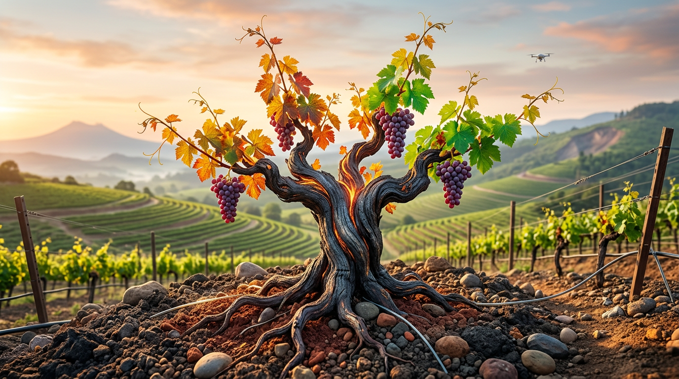 Vibrant Phoenix vines thriving in a reborn vineyard, illustrating wine region resilience and sustainable practices for 2026's evolving climate.