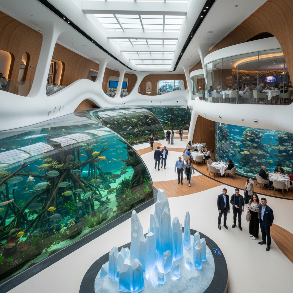 2026'da Florya Akvaryum sanat sergisinden, farklı dünya kıtalarının sanatsal yorumlarını ve akvaryum içindeki gastronomi alanlarını gösteren görsel. Florya Akvaryum Sanat ile ilgili.