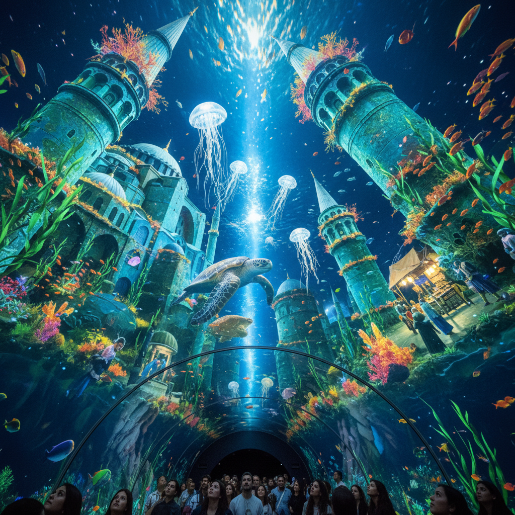 2026'da Florya Akvaryum'un deniz altı mimarisi, holografik şovlar ve yenilenen tarihi sergileriyle zenginleşen deneyimi. Fokus anahtar kelime: Florya Akvaryum tarih.