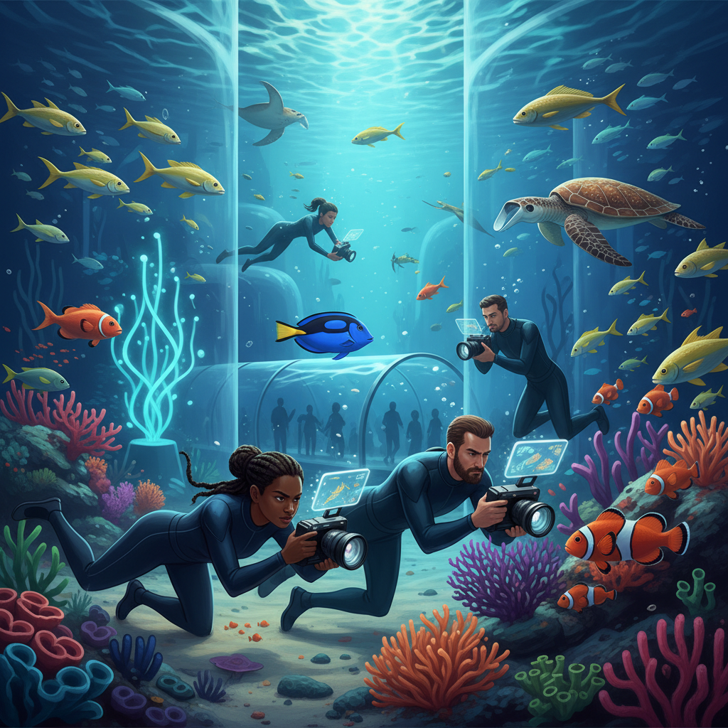 2026 Florya Akvaryum'da deniz canlıları ve renkli su altı manzaraları arasında fotoğraf çeken bir sanatçı. Akvaryumda sanat ve fotoğrafçılık etkileşimi.