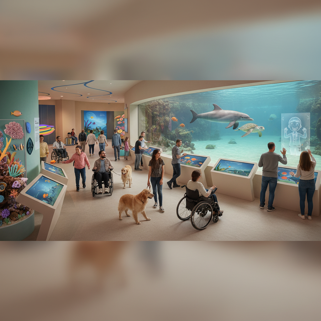 2026 Florya Akvaryum'da engelli bireyler için tasarlanmış geniş rampalar ve dokunsal yüzeyler, kapsayıcı bir ziyaret deneyimi sunuyor. Erişilebilirlik odaklı bu düzenlemeler ile herkes deniz yaşamını keşfedebilir.