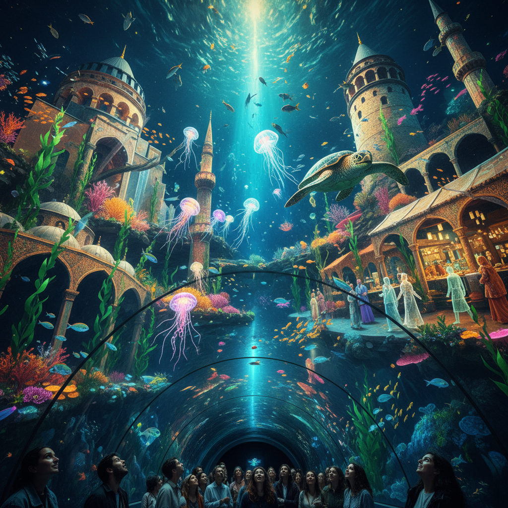 2026 Florya Akvaryum'da dijital etkileşimlerle zenginleştirilmiş, kişiselleştirilmiş deniz altı maceraları sunan modern sergi alanlarının yakından görünümü.