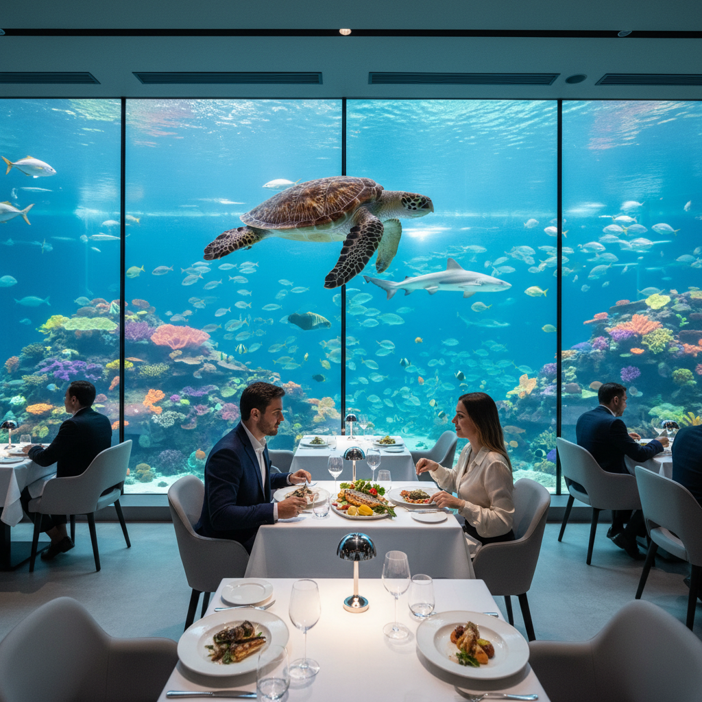 2026 Florya Akvaryum'da sürdürülebilir deniz ürünleri sunan restoranlar ve Akvaryum manzaralı yeme deneyimi. Akvaryum restoranları ve taze balık.