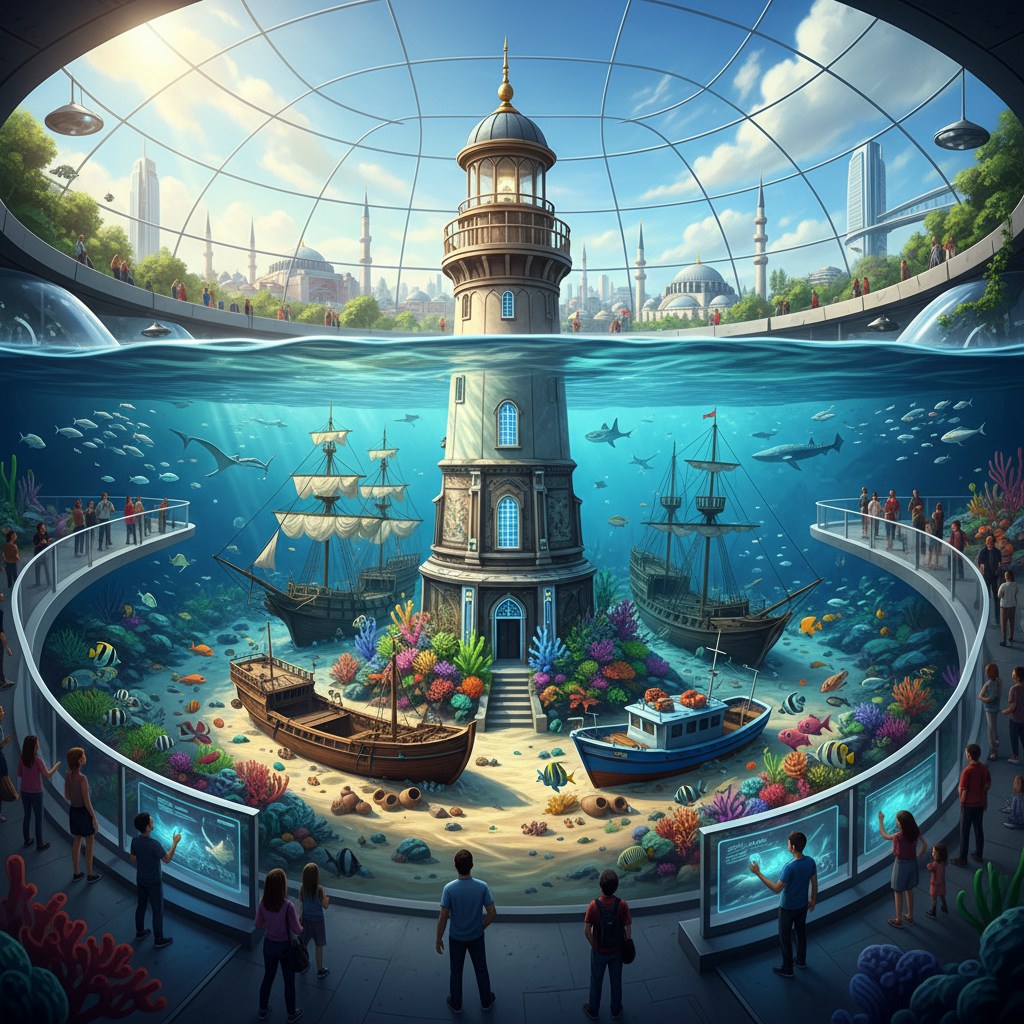 2026 Florya Akvaryum'da deniz fenerleri, efsanevi gemiler ve kültürel deniz seyahatini gösteren detaylı bir sergi. Akvaryumun denizcilik odaklı yeni deneyimini vurgulayan görsel.