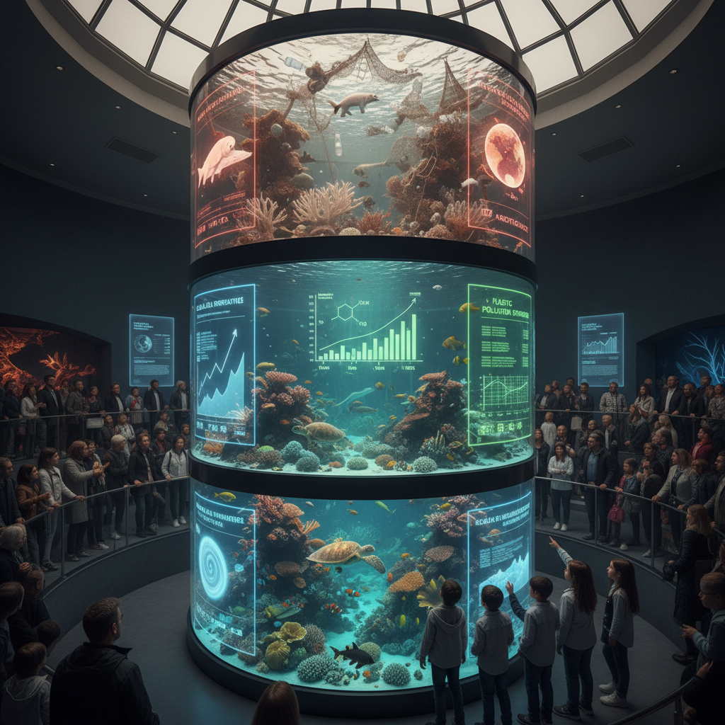 Exhibits at Florya Aquarium in 2026 showcasing marine life and the critical impact of climate change, emphasizing environmental awareness through interactive displays.