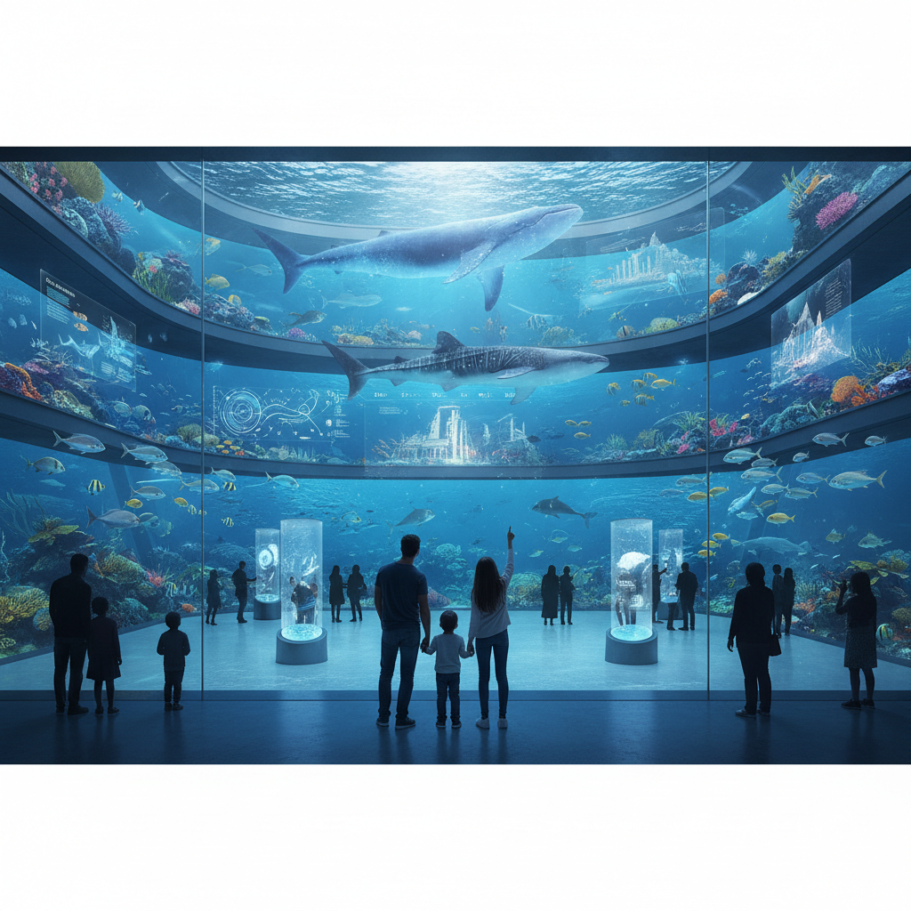 A breathtaking holographic display at Florya Akvaryum in 2026, showcasing vibrant marine life and innovative underwater experiences. The image highlights the fusion of technology and aquatic wonders, attracting visitors to Istanbul's renowned aquarium.