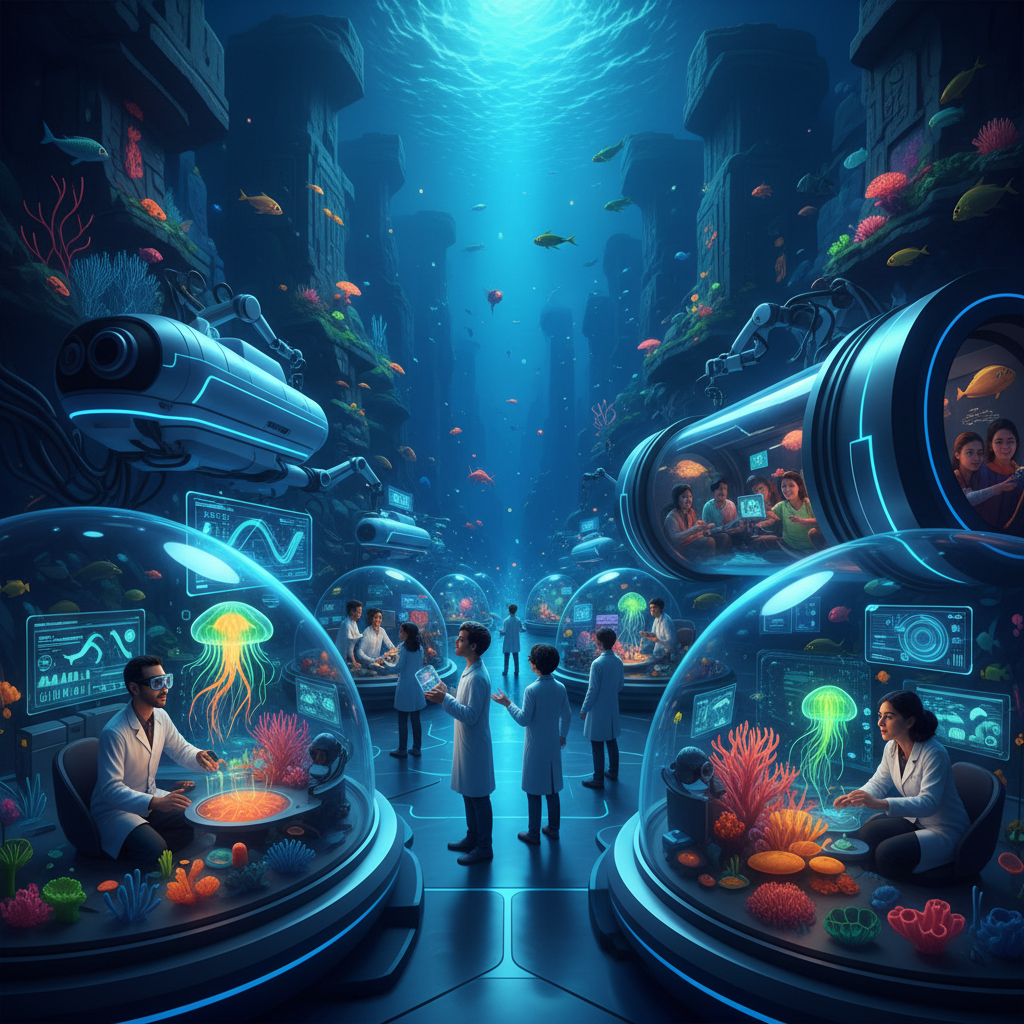 Underwater researchers in 2026 at Florya Akvaryum making groundbreaking scientific discoveries about marine life, offering unique interactive experiences for visitors to explore ocean depths and diverse ecosystems, highlighting recent advancements in oceanography, and showcasing engaging educational exhibits.