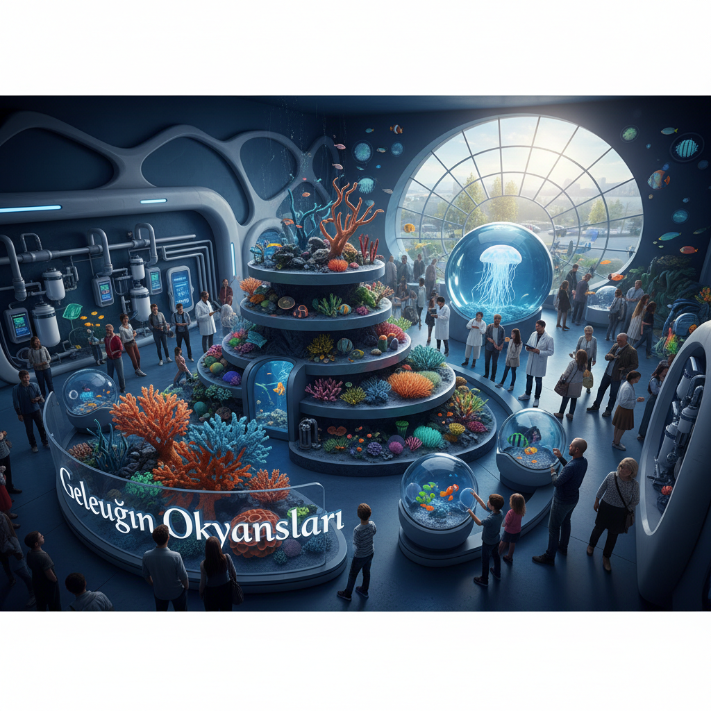 2026 Florya Akvaryum iklim değişikliğine dayanıklı deniz canlıları sergisinden bir genel görünüm. Geleceğin okyanusları temalı sergide, iklim kriziyle mücadele eden ve aşırı hava koşullarına uyum sağlamış çeşitli deniz türleri, renkli mercanlar ve yenilikçi akvaryum tasarımları dikkat çekiyor. Ziyaretçiler, sergilenen türlerin doğal yaşam alanları hakkında bilgi ediniyor ve iklim değişikliğinin deniz ekosistemleri üzerindeki etkilerini interaktif paneller aracılığıyla öğreniyor.