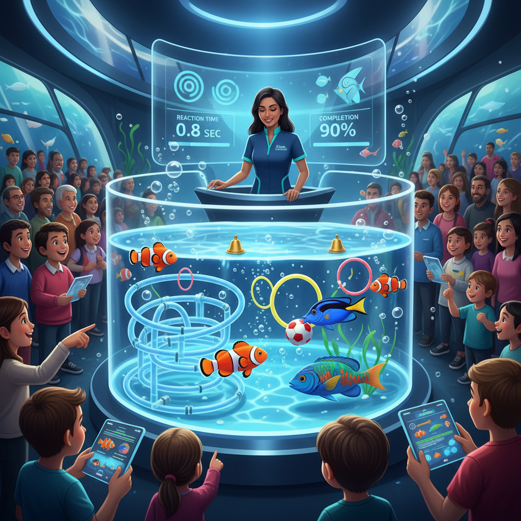 2026 Florya Akvaryum'da balıkların zihinsel becerilerini ve eğitimle sergiledikleri eğlenceli su altı gösterilerini anlatan görsel. Deniz yaşamının gizemlerini keşfederken Florya Akvaryum balık eğitimi deneyimi yaşayın.