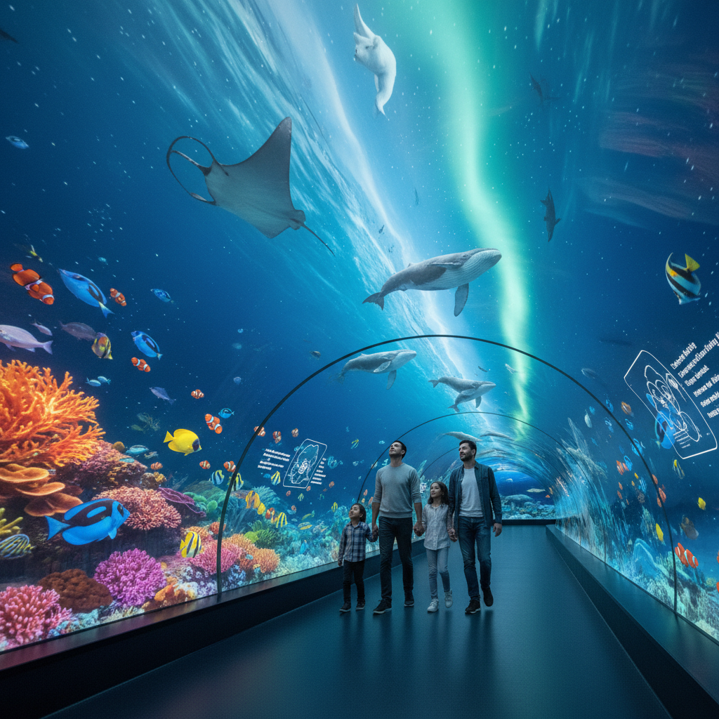 2026 Florya Akvaryum'da ziyaretçiler, sanal gerçeklik ile kıtalararası deniz canlılarını keşfederken, su altı dünyasının derinliklerine bir yolculuk yapıyor. Fütüristik dalış deneyimi.