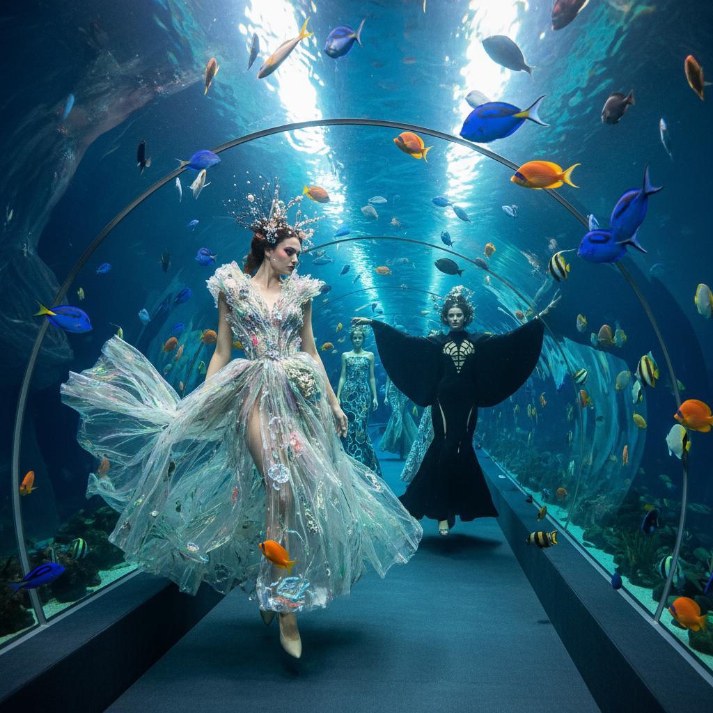 2026 Florya Akvaryum moda haftası etkinliği, deniz altı podyumda yüzen modeller ve sualtı defilelerinin muhteşem görsel şöleniyle izleyicileri büyülüyor.