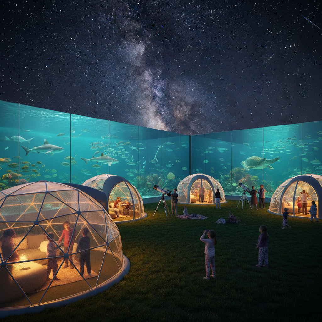 2026 Florya Akvaryum'da deniz canlıları eşliğinde çocukların çadır kurduğu, yıldızları izlediği macera dolu gece kampı etkinliği, Florya Akvaryum gece kampı deneyimini vurguluyor.