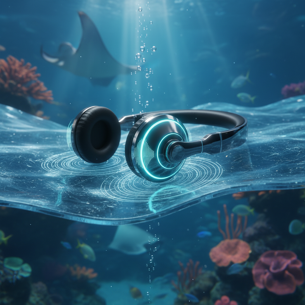 2026 Florya Akvaryum'da denizaltı ses manzaralarını keşfetmek için ziyaretçinin sualtı seslerini dinlediği yakın çekim, işitsel deneyimi vurgulayan gözlem odası görüntüsü.
