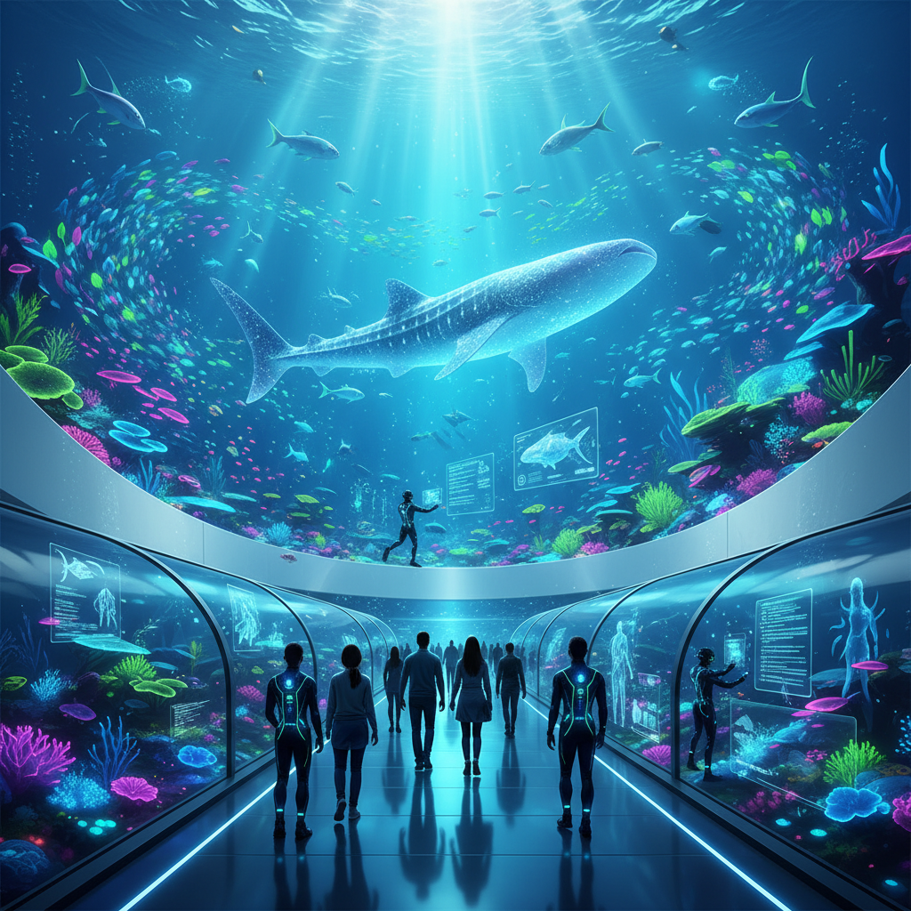 A group of diverse visitors at Florya Akvaryum in 2026, wearing VR headsets and interacting with virtual marine life. The image shows a blend of real aquarium exhibits with digital overlays, highlighting the immersive 'virtual underwater walks' and 'scientific dive simulations' enabled by the new VR technology, with a focus on education and breathtaking virtual coral reefs and diverse fish species.