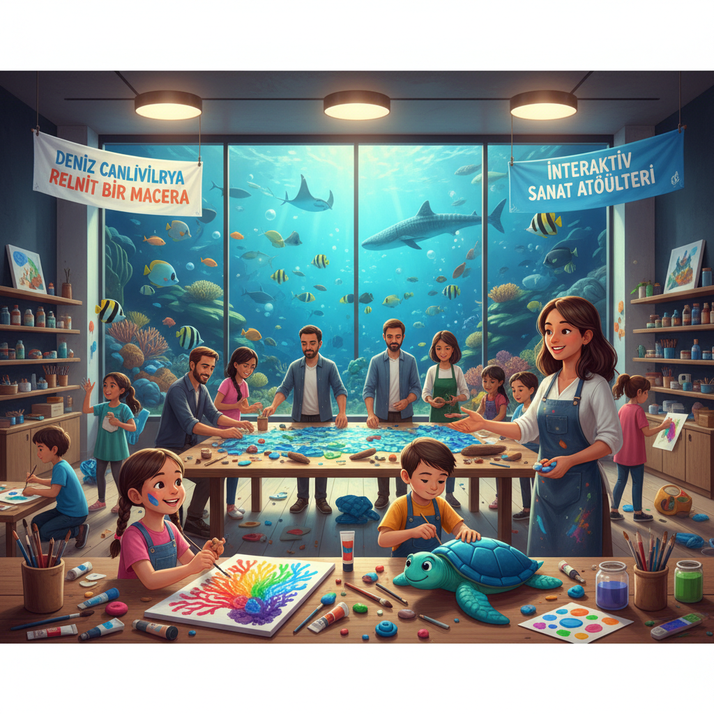 2026 Florya Akvaryum'da çocukların ve yetişkinlerin deniz canlıları temalı, interaktif sanat atölyelerinde eğlenerek öğrendiği renkli anlar. Akvaryumun su altı dünyası ile sanatın buluştuğu keyifli bir etkinlik.